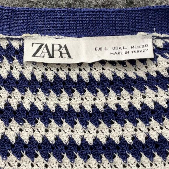 ZARA Long Crochet Knit Striped Cardigan Navy White Size L - Picture 4 of 5